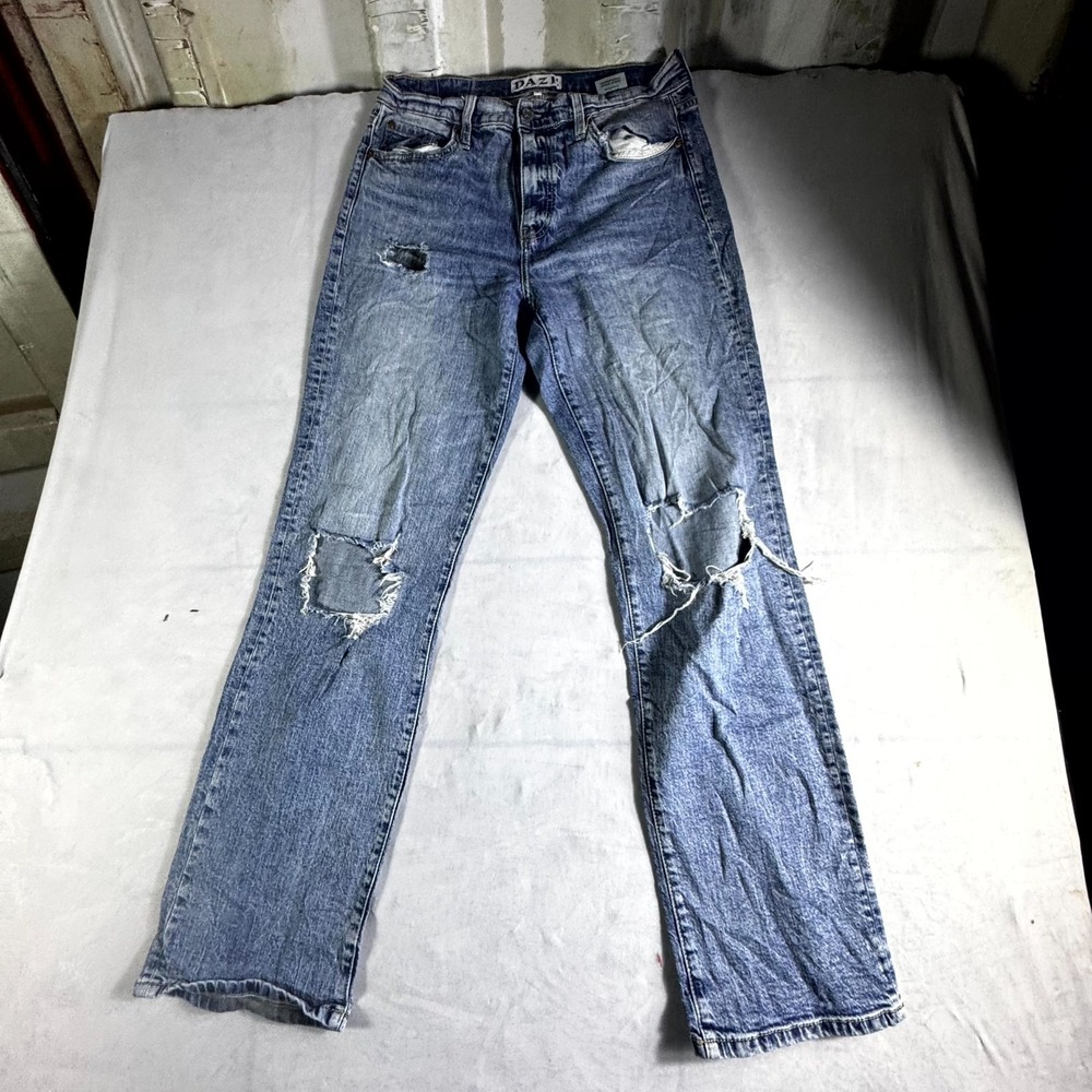 Daze Jeans Womens 26 Blue Denim Distressed Logo Cotton Stretch Authentic Casual